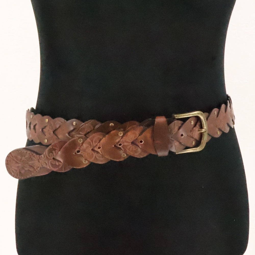 Boho Braided Heart Tooled Leather Belt Womens Size XL Brown Floral Y2K Cowgirl